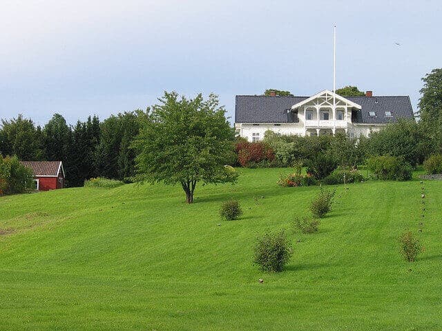 Young trees planted across a sloping lawn near a home