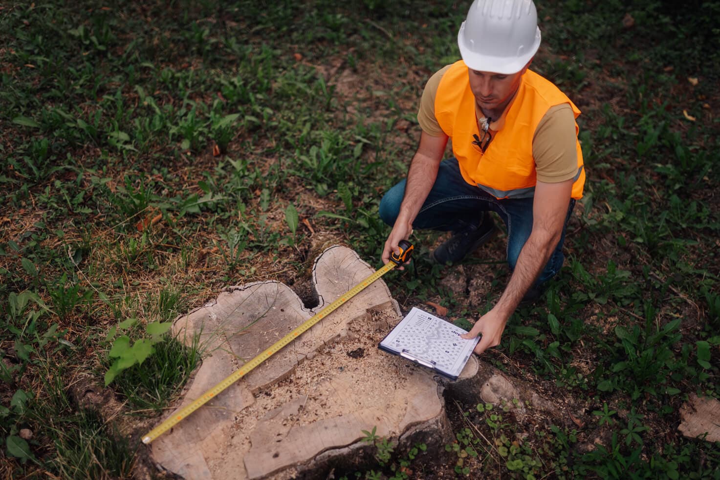 Worker measuring the width of a tree stump