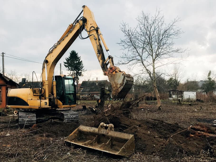 Excavator lifting tree roots from bare ground