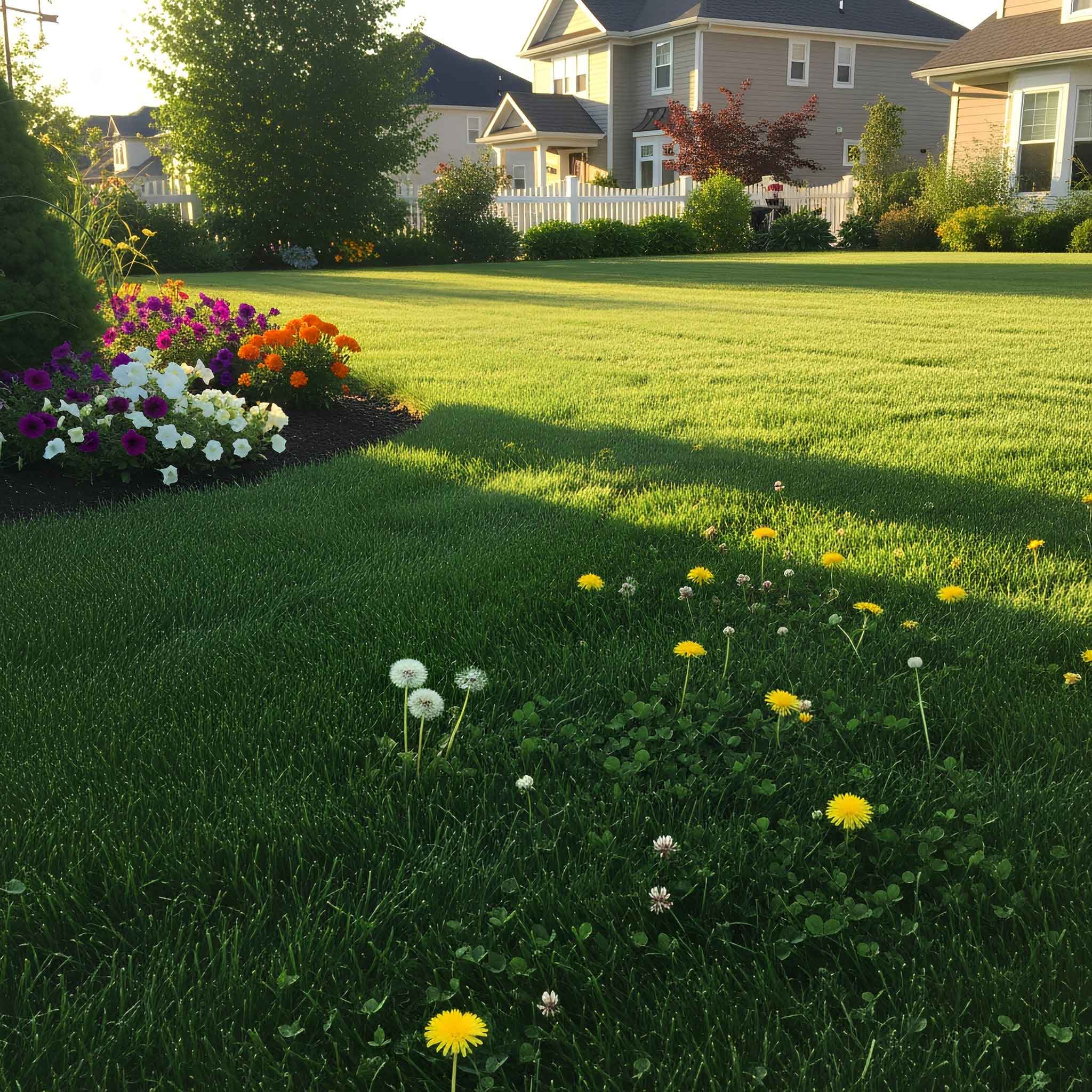 Dandelions scattered across a lawn in front of homes