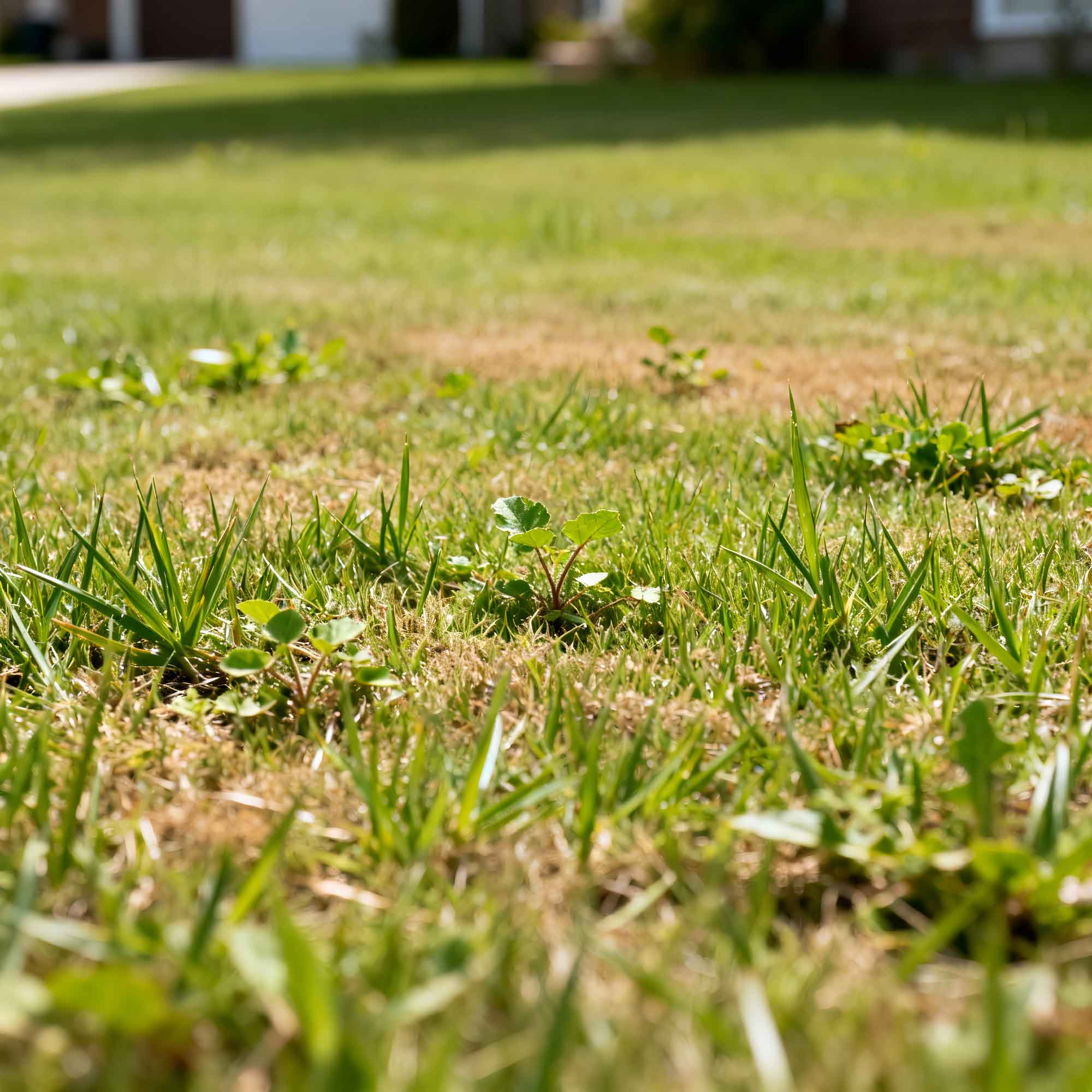 Close view of patchy grass and weeds in a lawn
