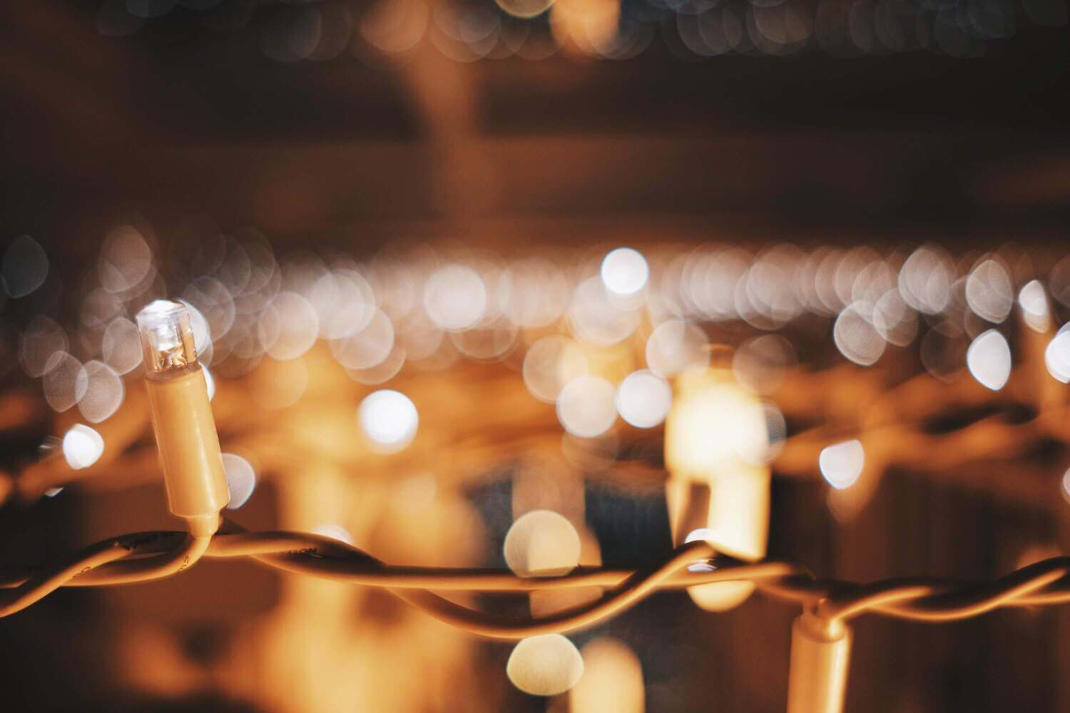 Warm string lights above restaurant seating